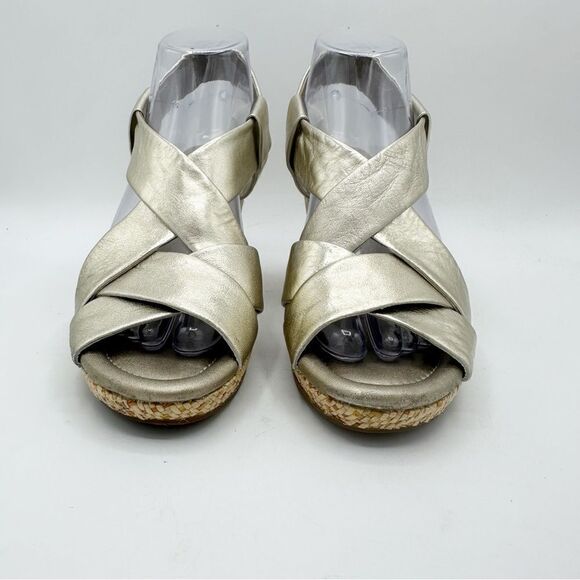 Cole Haan Dinah 85 Gold Puffy Leather Strappy Open Toed Platform Wedge Heel 7M - Picture 4 of 12